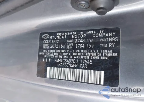 2013 Hyundai Veloster Base W/Black z USA, uszkodzony, nr VIN KMHTC6AD7DU117545